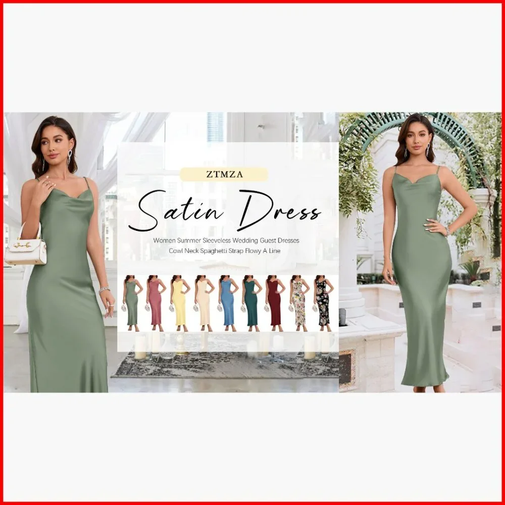 Satin Midi Dress Spaghetti Strap Cowl Neck Backless Formal Cocktail - Picture 7 of 7